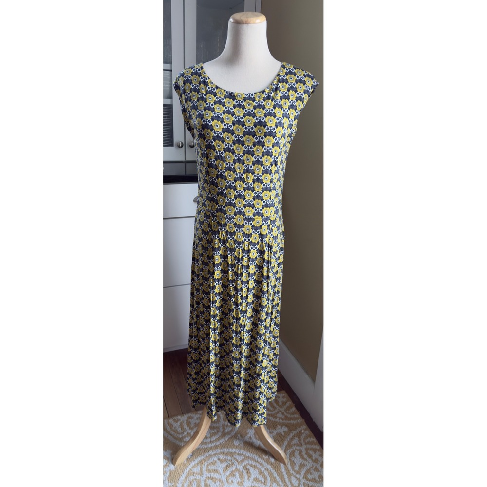 Boden Floral Print Cap Sleeve Midi Dress Navy Yellow Viscose Blend US Sz 6L
